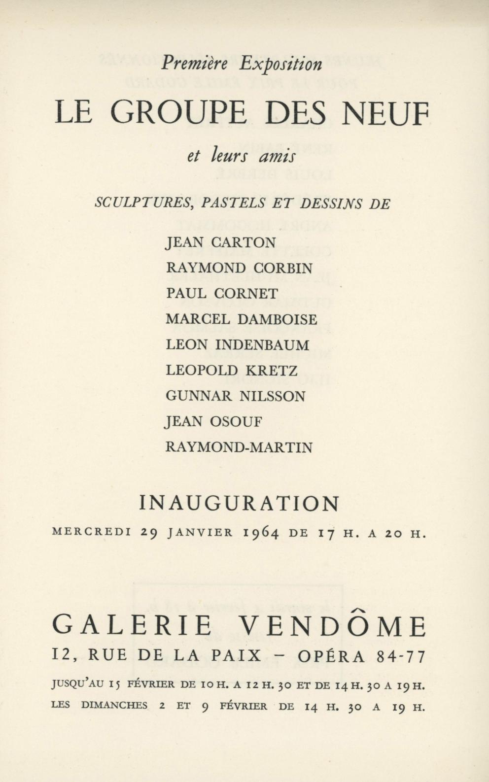 Fig.1 Carton d’invitation pour la première exposition du Groupe des Neuf à la Galerie Vendôme à Paris, le 29 janvier 1964.